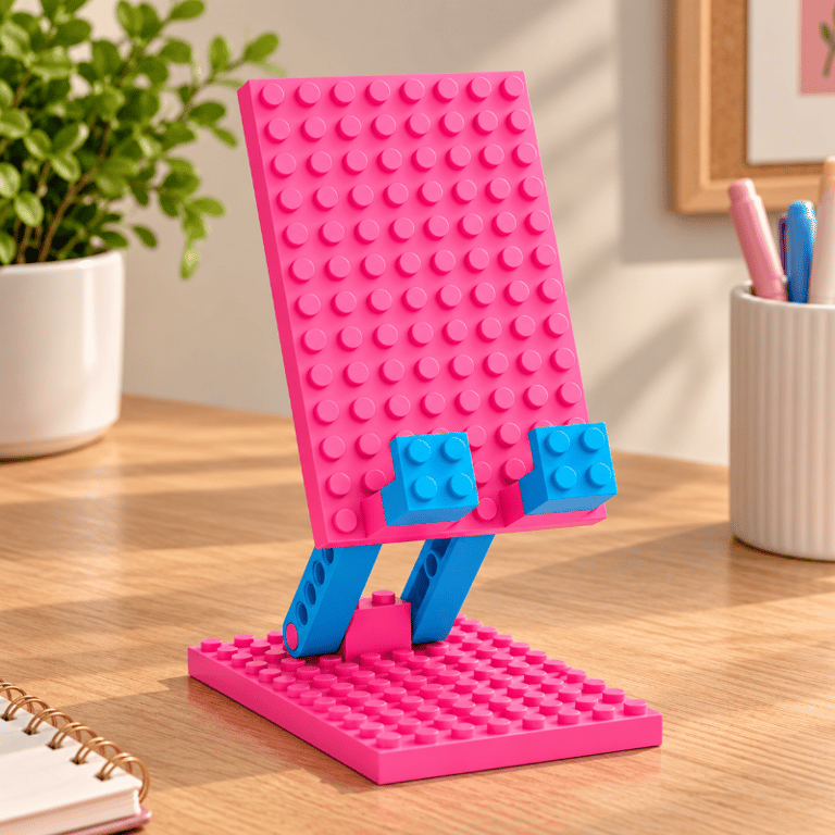 Suporte para Celular Dobrável e Portátil de Plástico com Design de Blocos de Montar Rosa e Azul