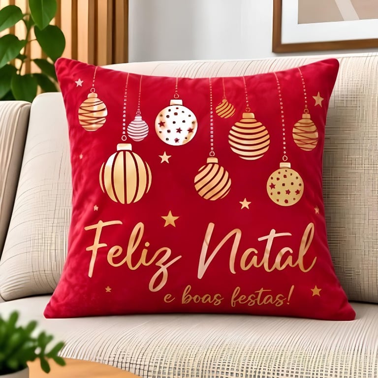 Capa de Almofada Natalina 43x43cm em Poliéster Vermelha com Estampa Dourada Feliz Natal Decorativa