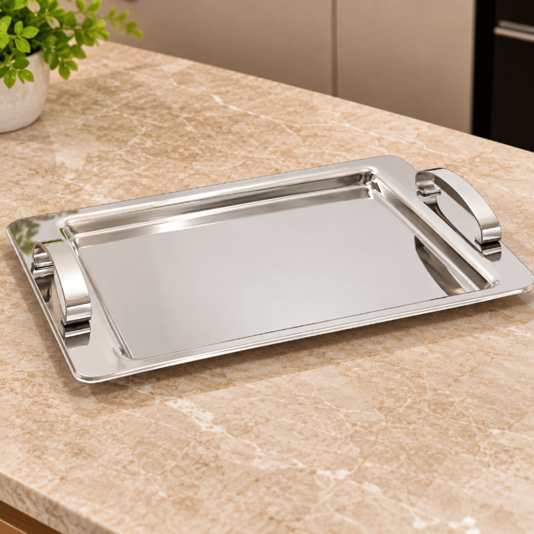 Bandeja Retangular de Aço Inox 37x23cm Espelhada com Alças Laterais para Servir e Decorar