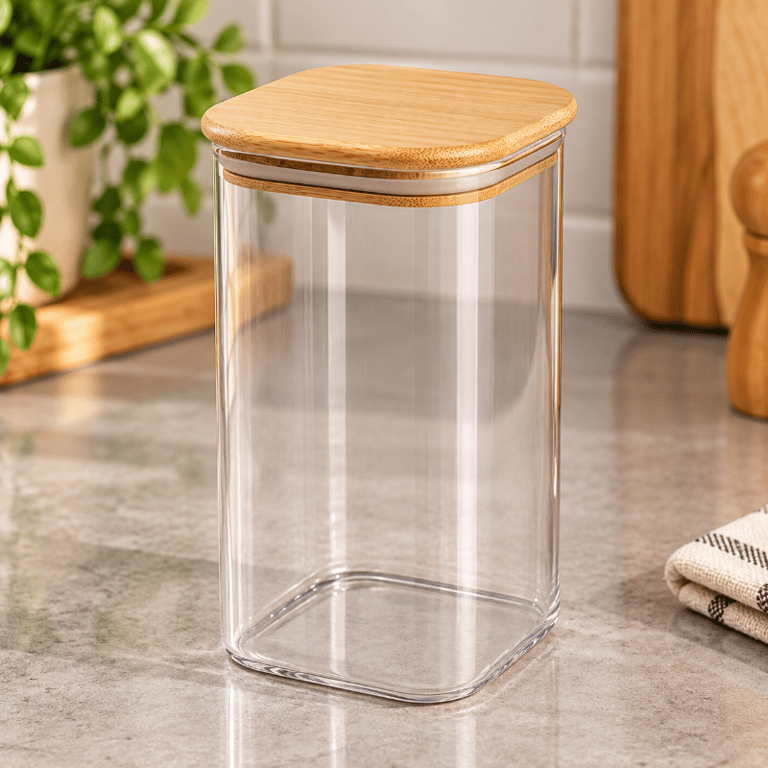 Pote Hermético de Vidro Transparente 15x8 cm com Tampa de Bambu e Vedação de Silicone para Mantimentos e Cozinha