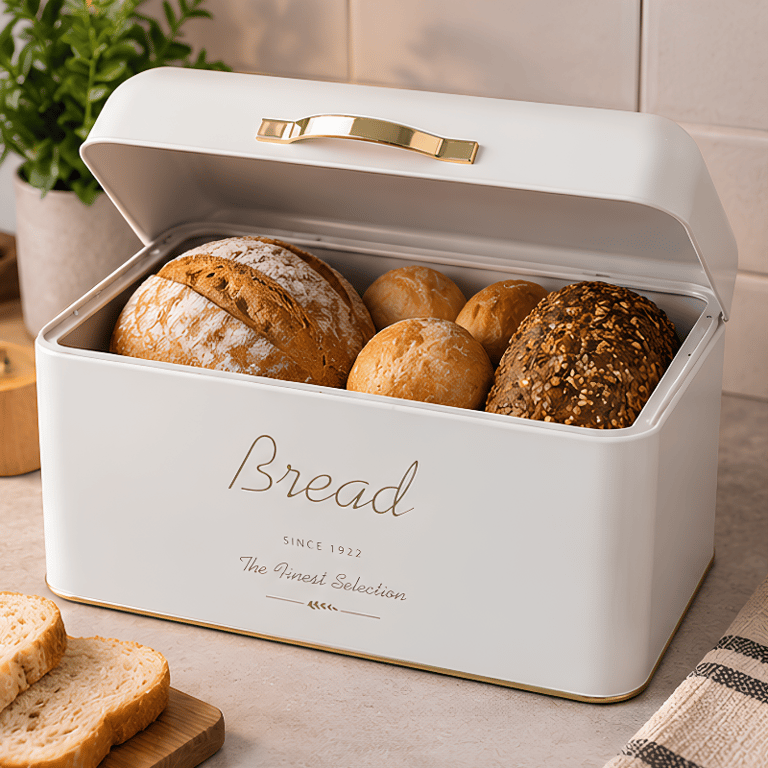 Porta Pão Decorativo Branco Com Tampa E Alça Dourada Organizador Para Armazenar E Conservar Pães Com Elegância