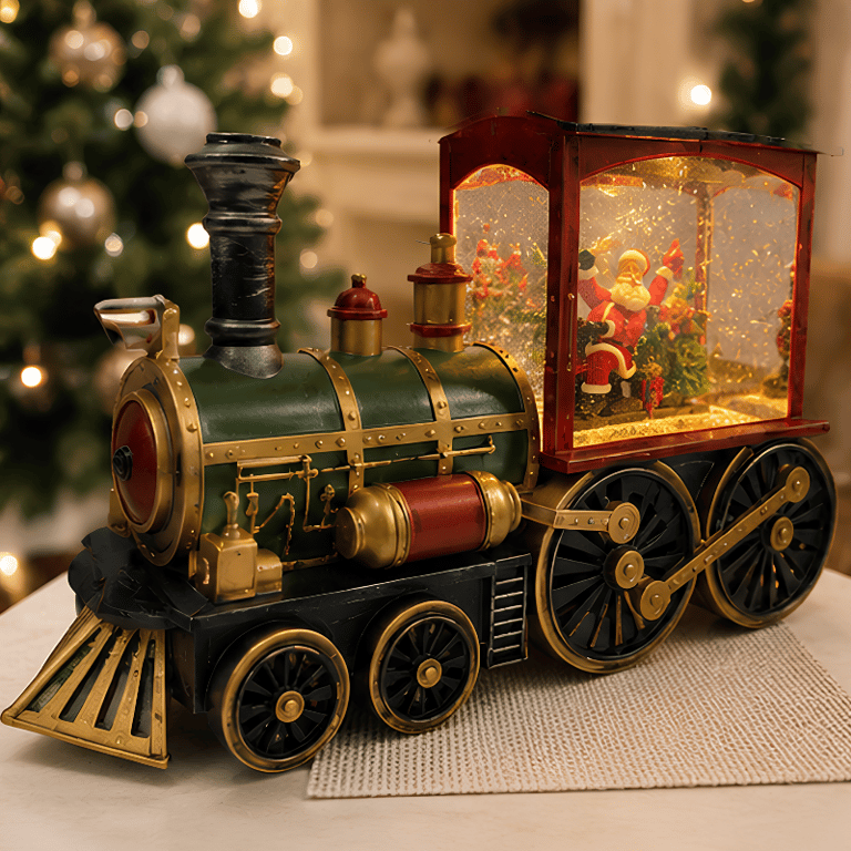 Trem Natalino Decorativo com Papai Noel Locomotiva Vintage Iluminada e Efeito de Neve