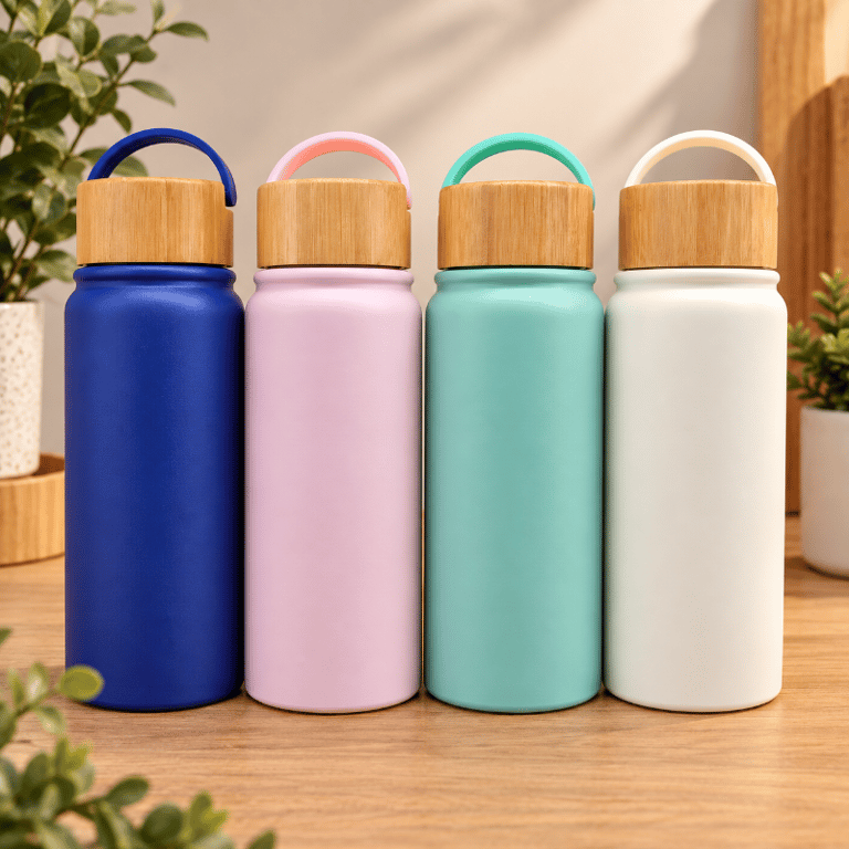 Garrafa Térmica 600ml com Isolamento a Vácuo Parede Dupla Tampa Estilo Bambu Alça e Acabamento Fosco 