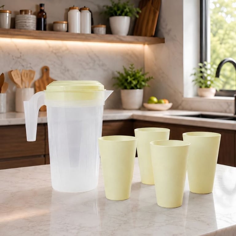 Jarra Plástica Com Tampa E 4 Copos Kit Para Água Suco Refresco