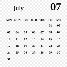 PNG July 2022 Black Calendar
