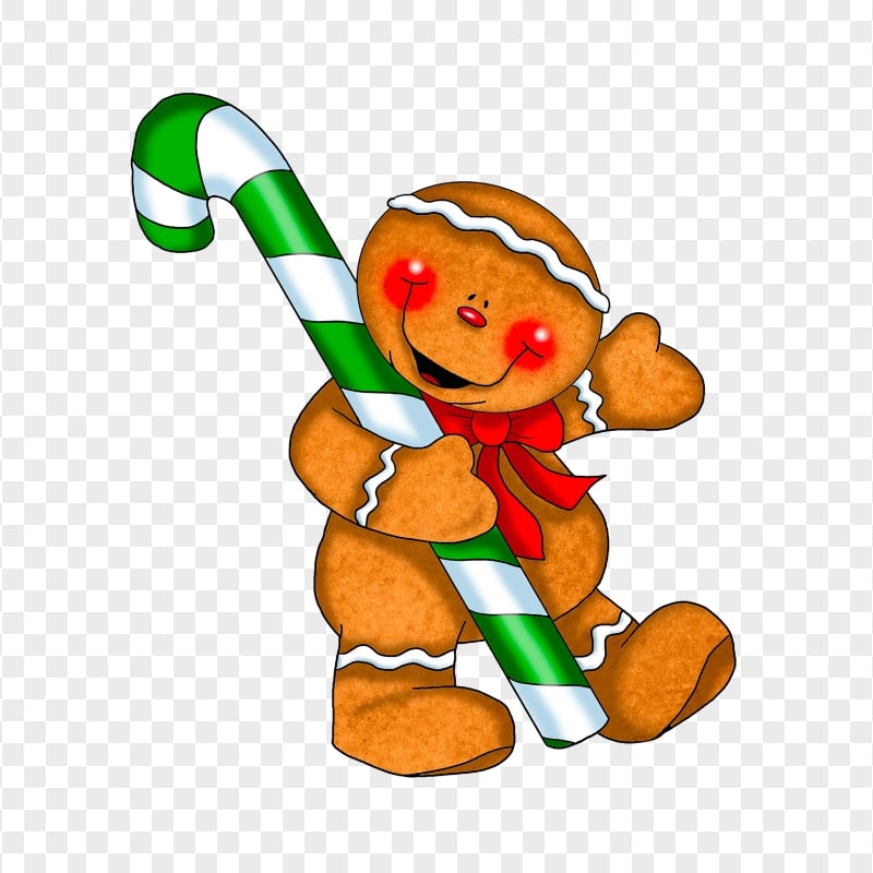 Clipart Gingerbread Man Holding Green Candy Cane PNG