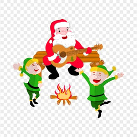 Cartoon Santa Playing Guitar With Dancing Elves PNG