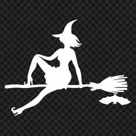 HD Halloween Witch Sitting On A Broom White With Bat Silhouette PNG