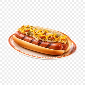 HD Cheese Grilled Sausage with Onion on Dish Transparent PNG