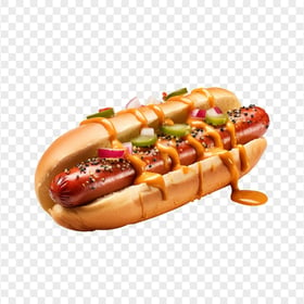 HD American Hot Dog with Toppings and Sauce Transparent PNG