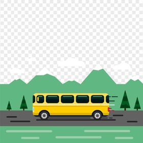 Flat yellow bus green nature trees illustration