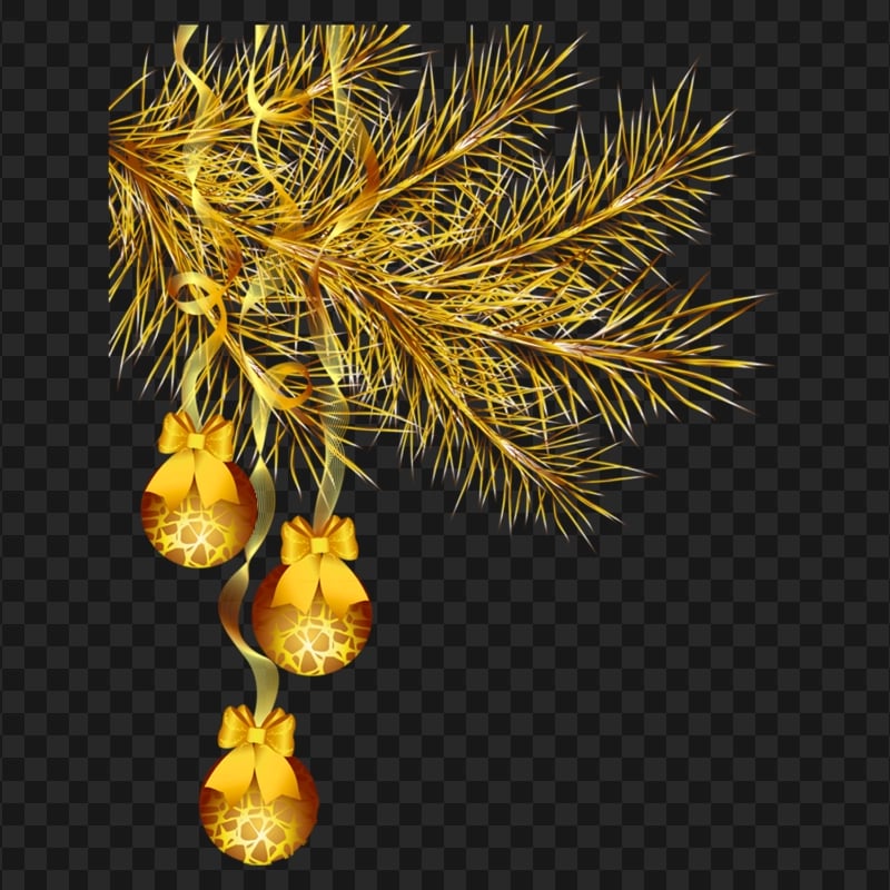 Gold Pine Branch With Christmas Balls PNG