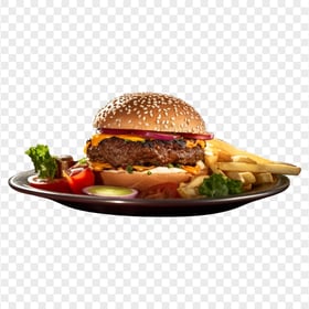 HD American Hamburger With Crispy Fries on a Plate PNG