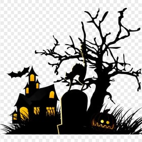 HD Halloween Black Tree Branch Cat Bat & Pumpkin PNG
