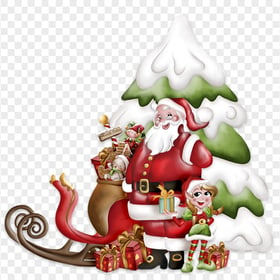 Santa With Snowy Tree And Sleigh Illustration PNG
