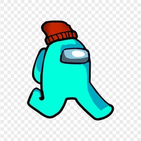 HD Cyan Among Us Character Walking With Red Beanie Hat PNG