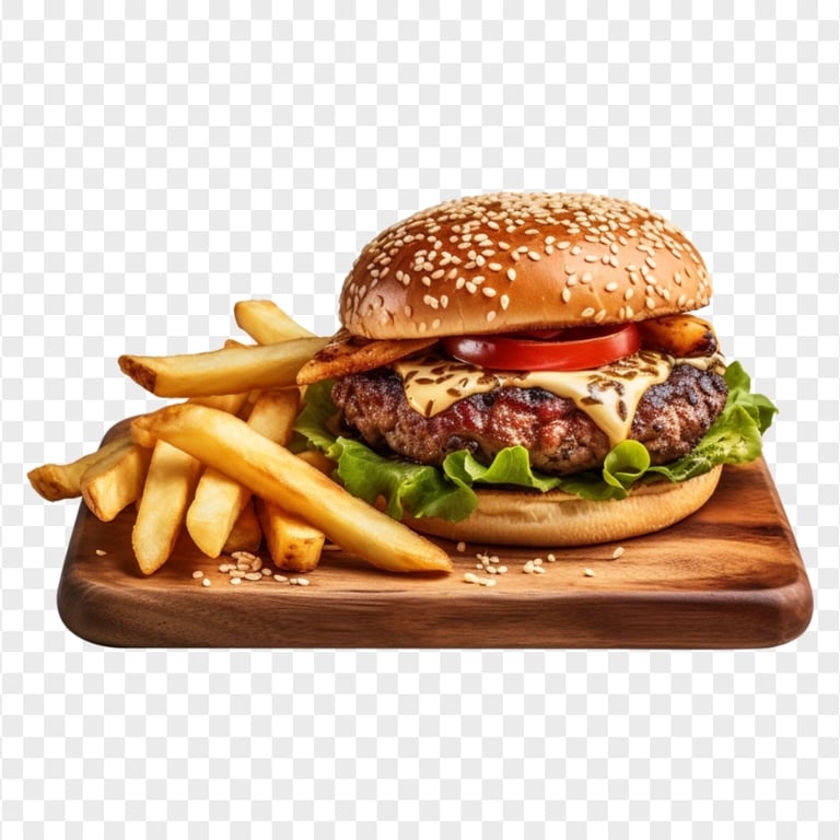 Sapid Beef Burger Meal with Potato Fries HD Transparent PNG