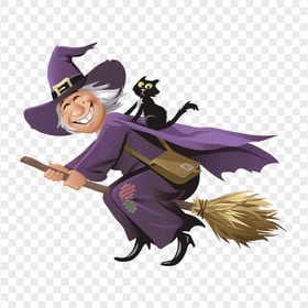 HD Happy Halloween Witch Flying Broom Cartoon PNG