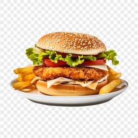 Crust Chicken Burger with Chips on Plate HD Transparent PNG