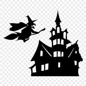 HD Witch Flying On A Broom & Scary House Silhouette PNG