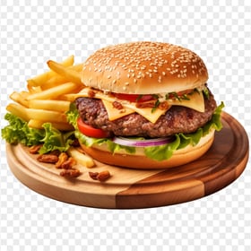 Cheesy Hamburger with Potato Fries on Wooden Plate HD PNG