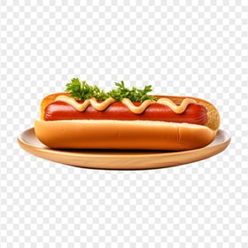 Hot Dog with Herbs and Sauce on a Wooden Plate HD PNG