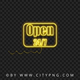 Open 24/7 Yellow Neon Logo Sign PNG Image