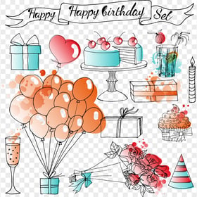 HD Happy Birthday Set Colorful Line Art Transparent PNG