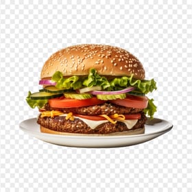 HD Tasty American Burger with Lettuce on Plate PNG