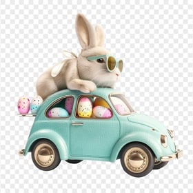 HD Cute Easter Rabbit on a Car Filled With Eggs PNG