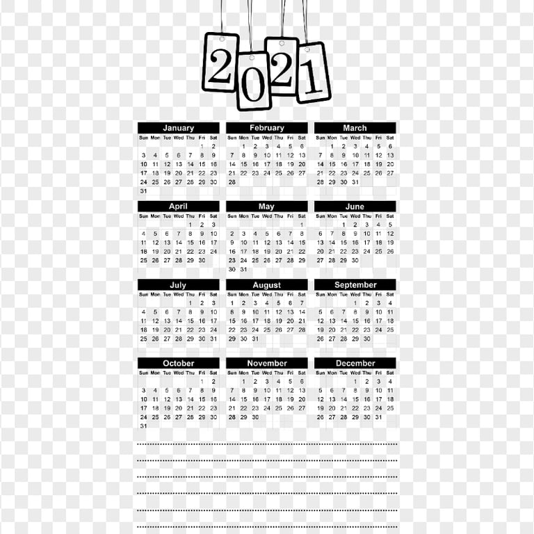 HD 2021 Beautiful Black Calendar With Notes Section Clipart PNG