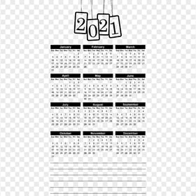 HD 2021 Beautiful Black Calendar With Notes Section Clipart PNG