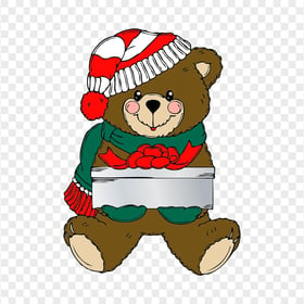 Cartoon Bear Santa Hat Holding Gift Box PNG