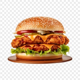 HD PNG Double Chicken Burger with Lettuce on a Wooden Plate