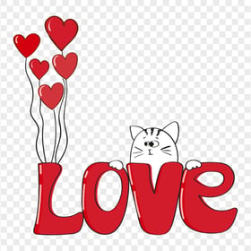 Doodle Drawing Cute Cat Near Red Love Word PNG