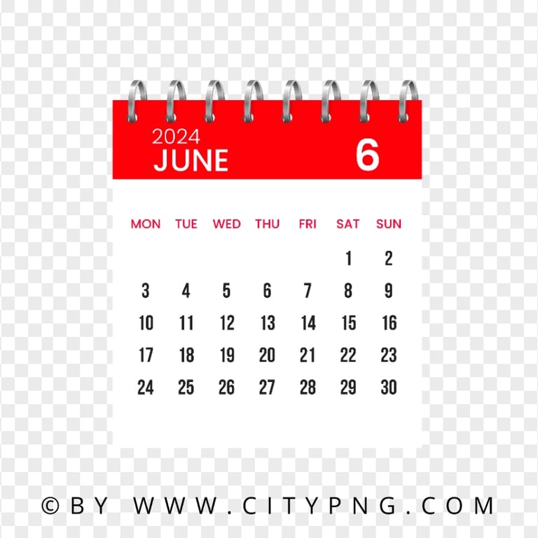 June 2024 Vector Calendar Page HD Transparent Background