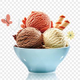 Three Ice Cream Scoops In A Ceramic Bowl Image PNG