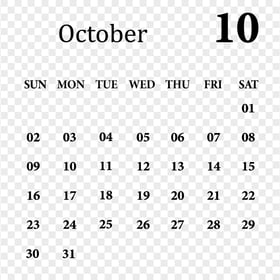 October 2022 Black Calendar PNG Image