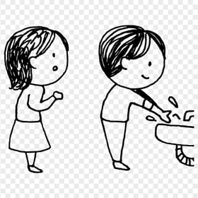 Two Children Washing Their Hands Outline Drawing