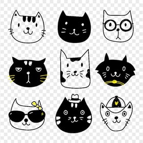 Funny Cat Faces Doodle HD Transparent Background