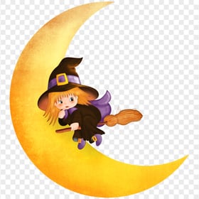 HD Halloween Chibi Cute Witch With Yellow Moon Cartoon PNG