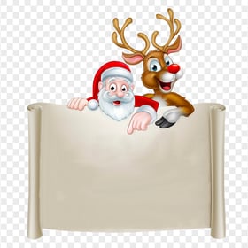 Cartoon Santa And Reindeer Holding Old Paper Roll PNG