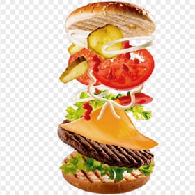 Open Cheeseburger Floating Falling Ingredients PNG Image