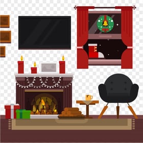 Flat Vector Christmas Decorated Living Room Image PNG