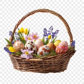 HD Realistic Colorful Easter Eggs Spring Basket PNG