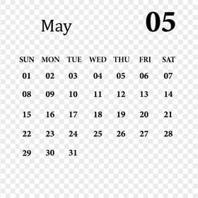 HD May 2022 Black Calendar Transparent PNG