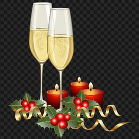 Two Champagne Glasses, Candles & Christmas Decoration