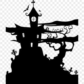 HD Black Halloween Castle With Tree & Bat Silhouettes PNG