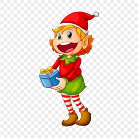 Cartoon Girl Wearing Elf Christmas Clothes Holding A Gift