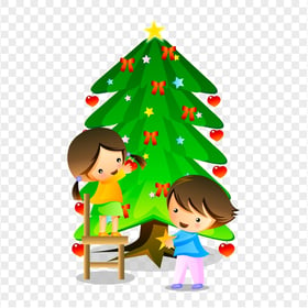 Cartoon Kids Decorating Christmas Tree PNG